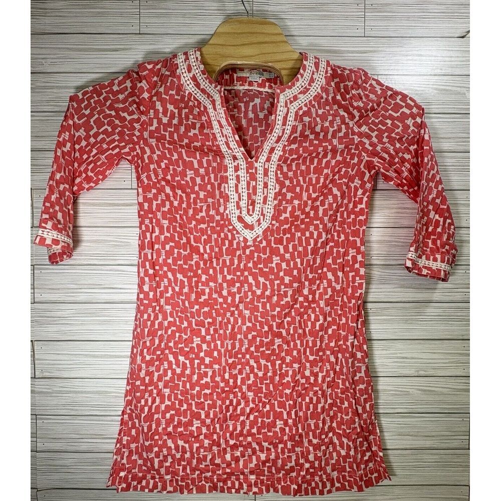 Boden Embroidered V-Neck Tunic Top Beach Coverup Women's‎ Size 4 Coral Pink